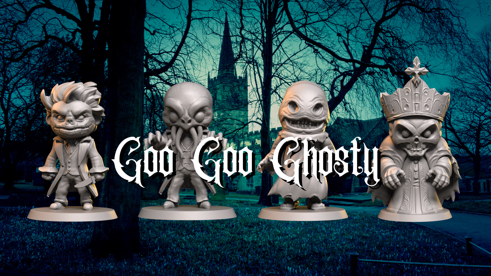 Spooky church background featuring four creepy chibi miniatures from the Goo Goo Ghosty range as sold by Hobbytime At Healys