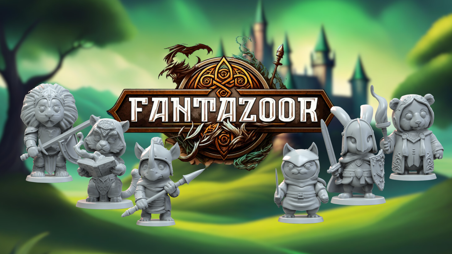 Fantazoor Miniatures banner featuring medieval style castle with questing dungeons and dragons style party of animals