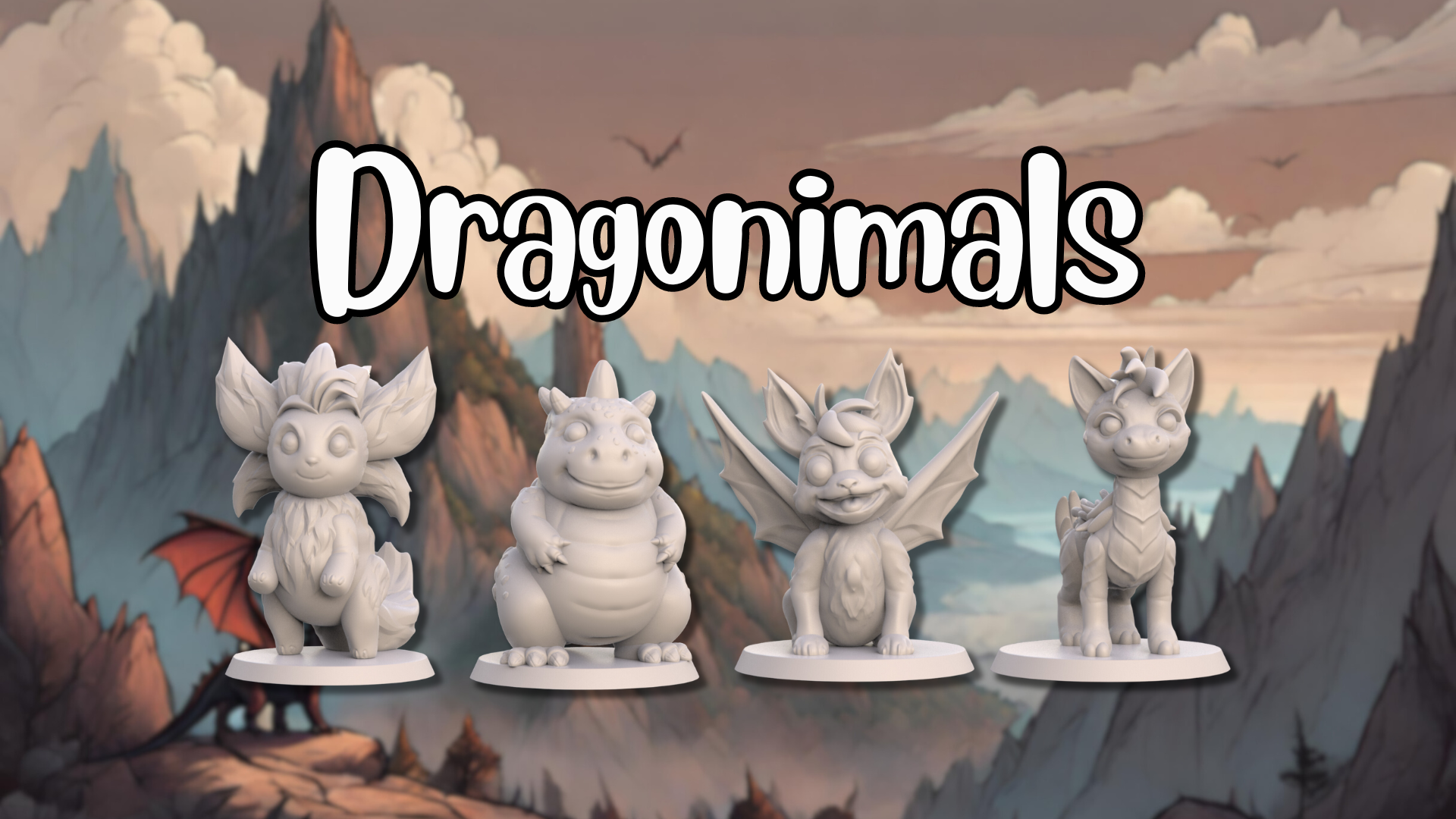 Dragonimals miniatures range, 4 animal dragon miniatures against a cartoon mountain range image