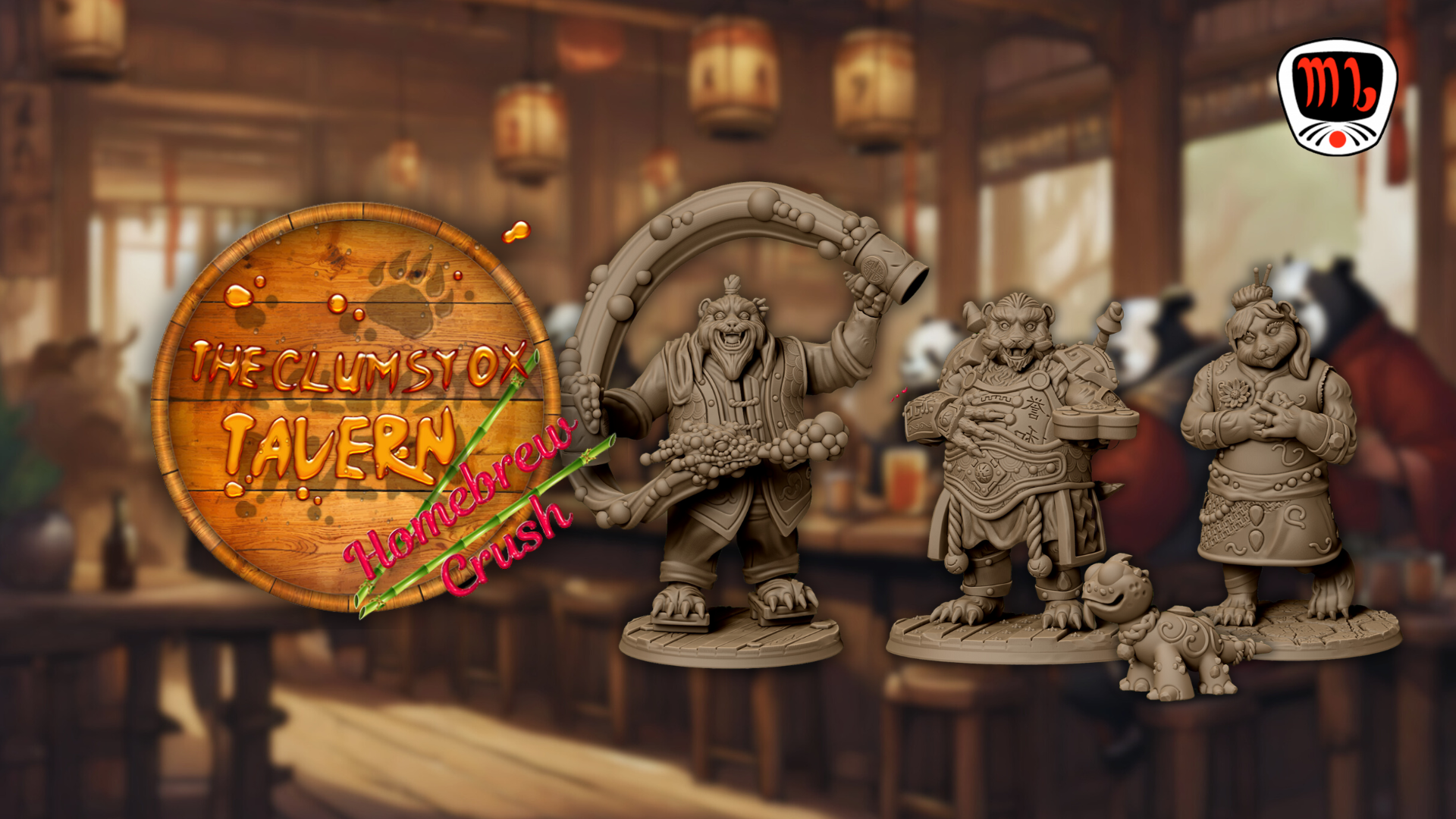 The Clumsy Ox Tavern by Mojibakes Miniautres featuring a asian inspired tavern with 3 models of pandas and 1 lizard creature