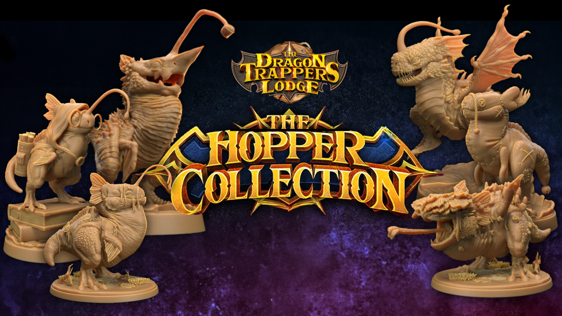 Banner for The Hopper Collection from Dragon Trappers Lodge. Image on a space like background featuring 6 hopper minis